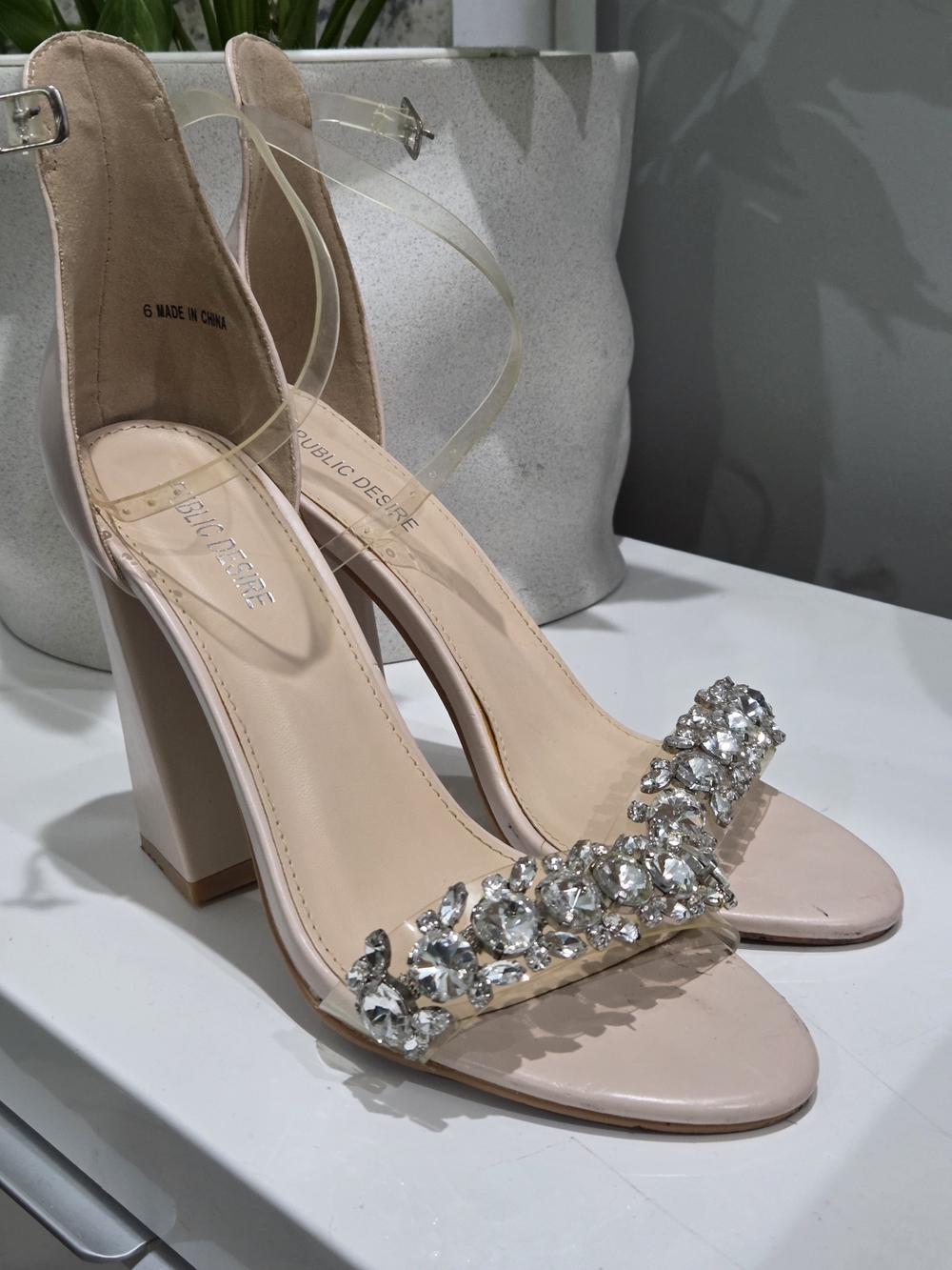 Public Desire Blush Pink Crystal Strap Block Heels